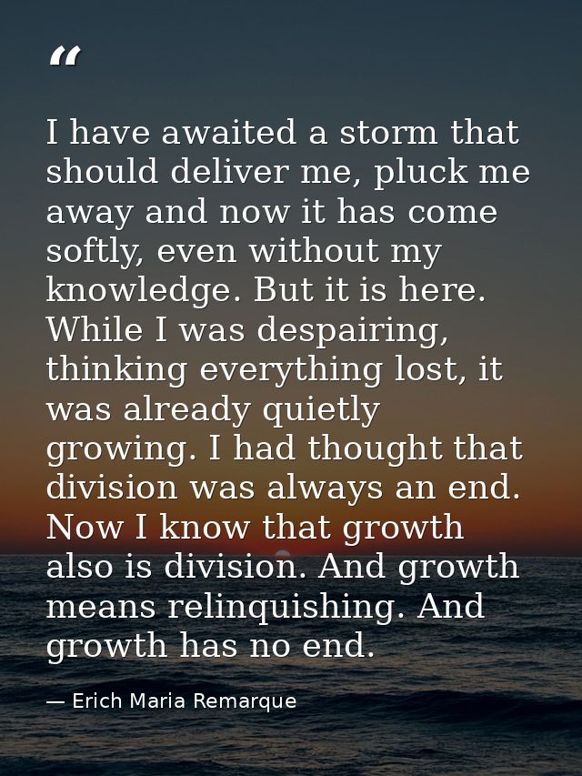 I have awaited a storm that should deliver me, pluck me away and now it has come softly, even without my knowledge. But  — Erich Maria Remarque