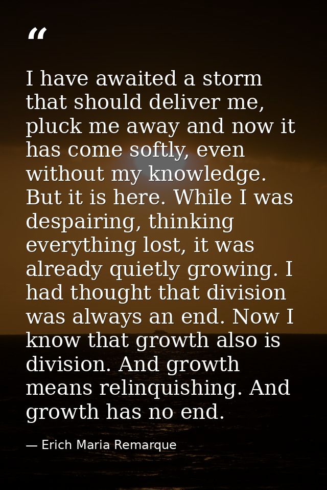 I have awaited a storm that should deliver me, pluck me away and now it has come softly, even without my knowledge. But  — Erich Maria Remarque