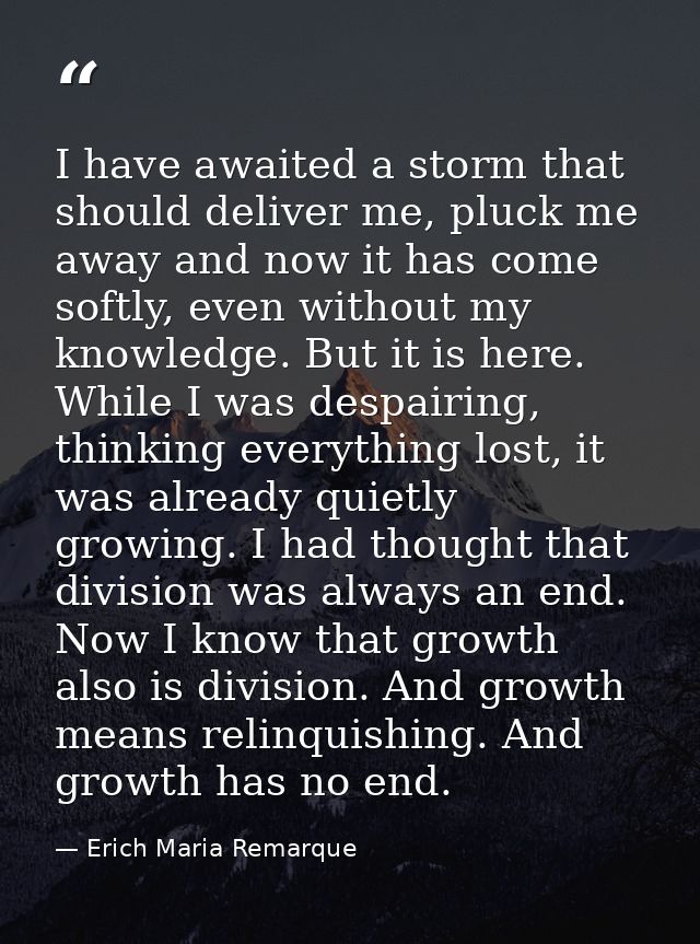 I have awaited a storm that should deliver me, pluck me away and now it has come softly, even without my knowledge. But  — Erich Maria Remarque