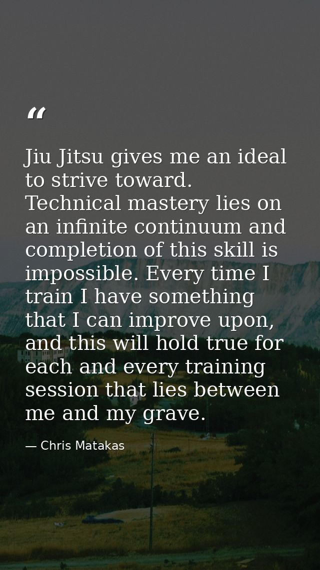 Jiu Jitsu gives me an ideal to strive toward. Technical mastery lies on an infinite continuum and completion of this ski — Chris Matakas