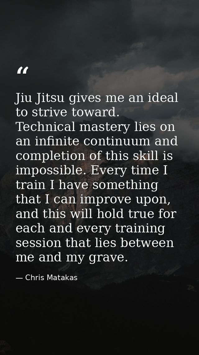 Jiu Jitsu gives me an ideal to strive toward. Technical mastery lies on an infinite continuum and completion of this ski — Chris Matakas