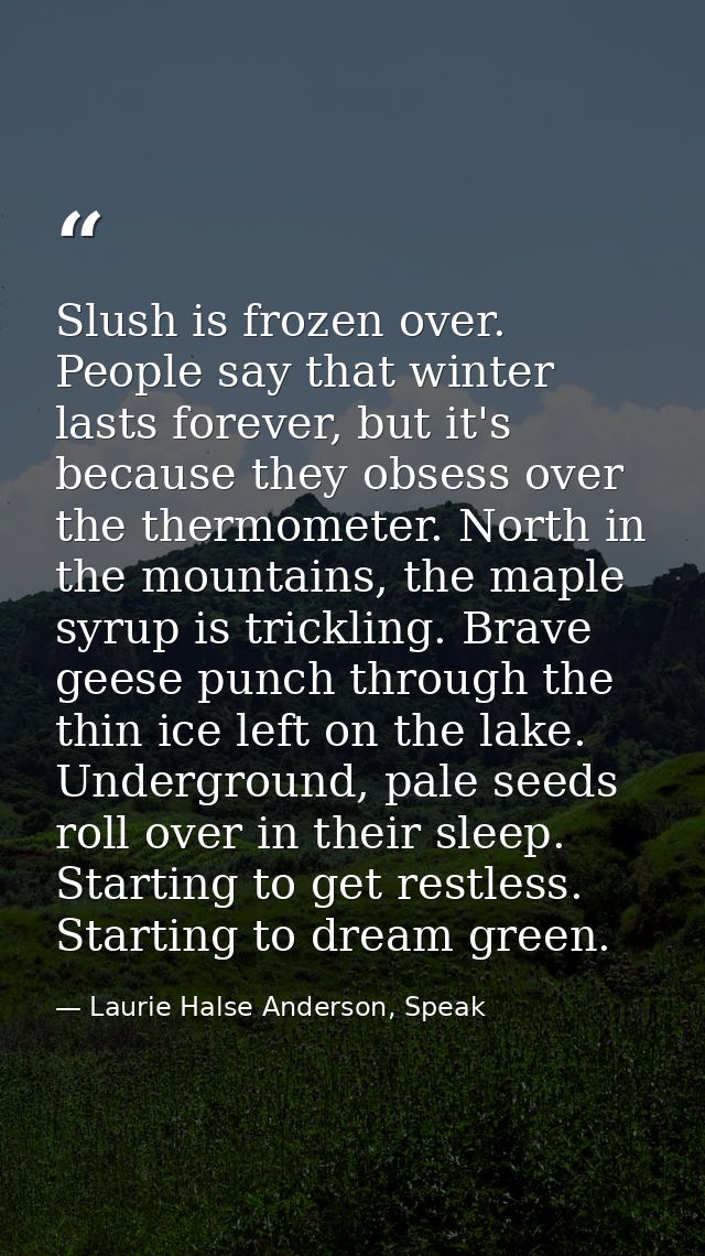 Slush is frozen over. People say that winter lasts forever, but it's because they obsess over the thermometer. North in  — Laurie Halse Anderson, Speak