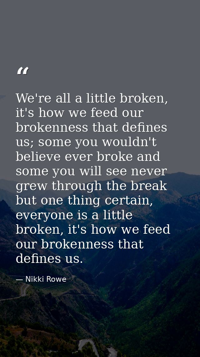 We're all a little broken, it's how we feed our brokenness that defines us; some you wouldn't believe ever broke and som — Nikki Rowe