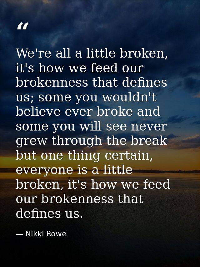 We're all a little broken, it's how we feed our brokenness that defines us; some you wouldn't believe ever broke and som — Nikki Rowe