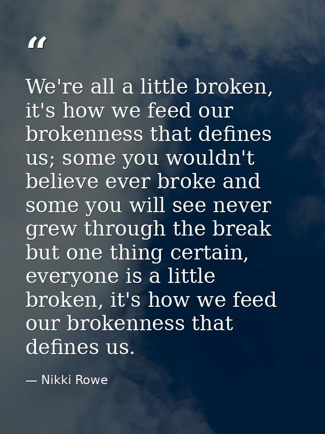 We're all a little broken, it's how we feed our brokenness that defines us; some you wouldn't believe ever broke and som — Nikki Rowe