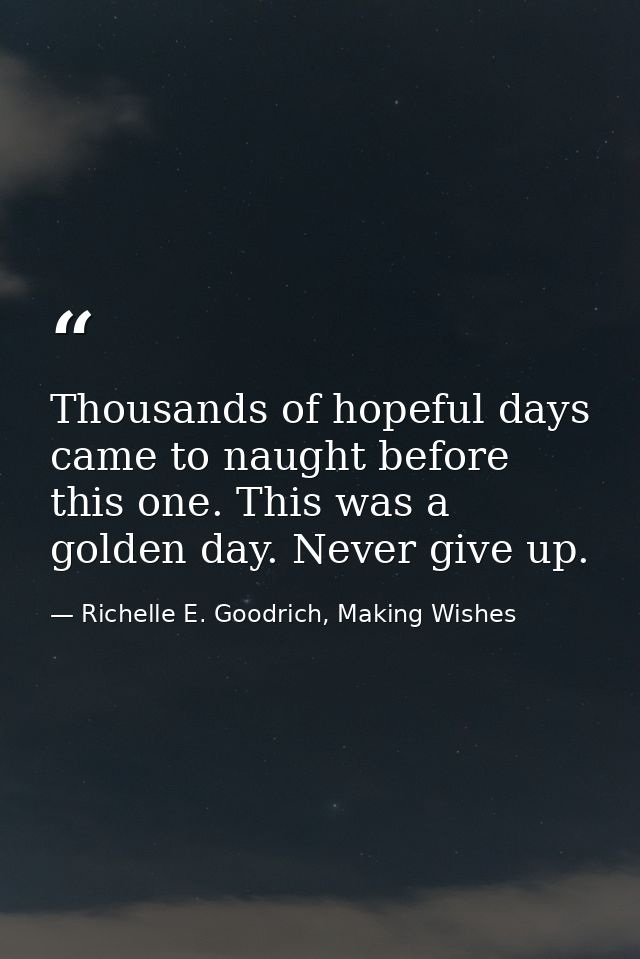 Thousands of hopeful days came to naught before this one. This was a golden day. Never give up. — Richelle E. Goodrich, Making Wishes