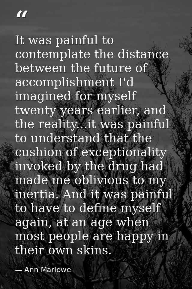 It was painful to contemplate the distance between the future of accomplishment I'd imagined for myself twenty years ear — Ann Marlowe