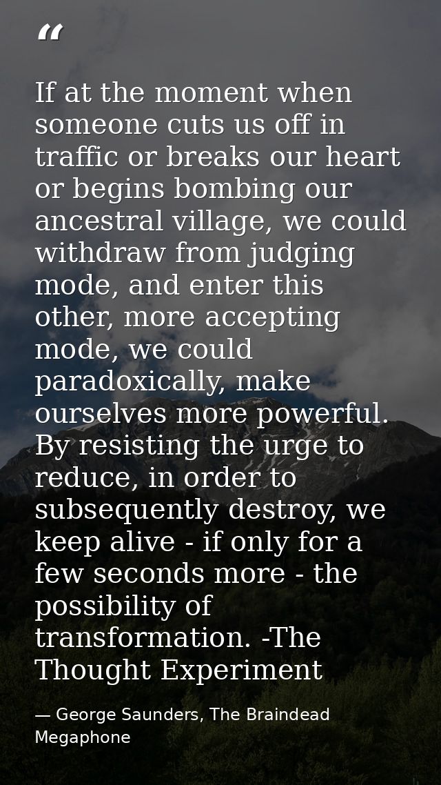 If at the moment when someone cuts us off in traffic or breaks our heart or begins bombing our ancestral village, we cou — George Saunders, The Braindead Megaphone