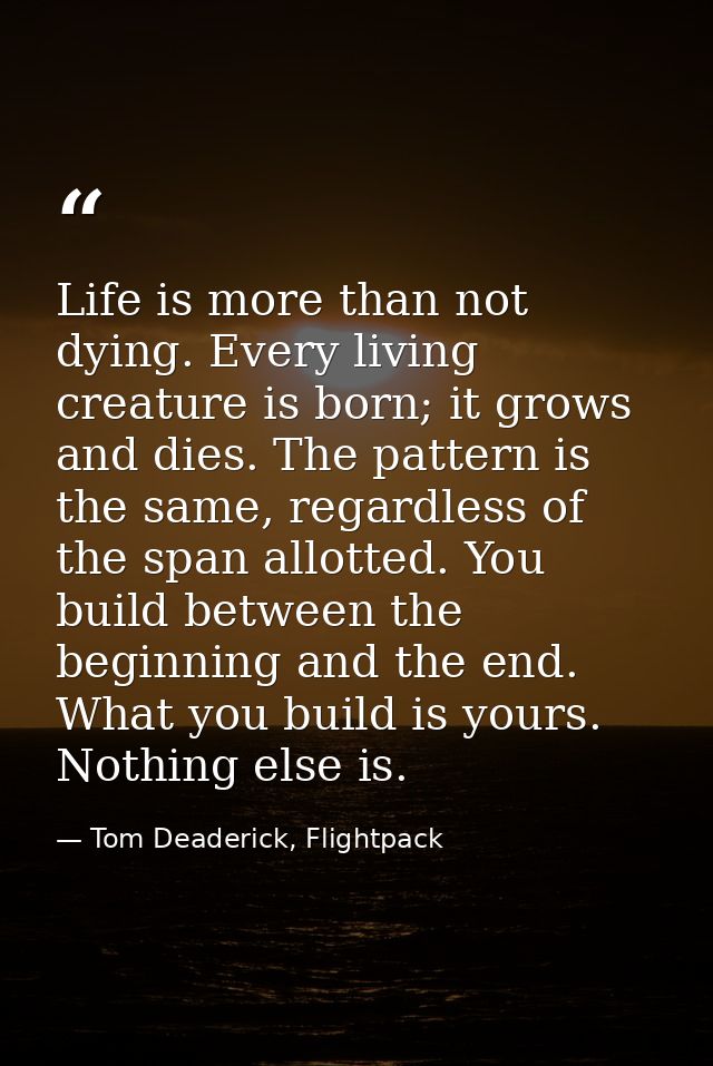 Life is more than not dying. Every living creature is born; it grows and dies. The pattern is the same, regardless of th — Tom Deaderick, Flightpack