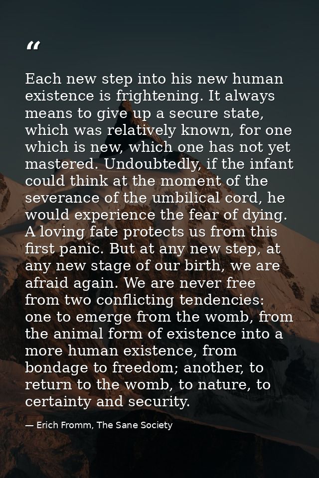 Each new step into his new human existence is frightening. It always means to give up a secure state, which was relative — Erich Fromm, The Sane Society