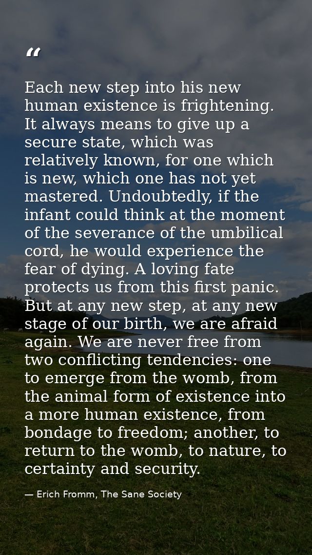 Each new step into his new human existence is frightening. It always means to give up a secure state, which was relative — Erich Fromm, The Sane Society