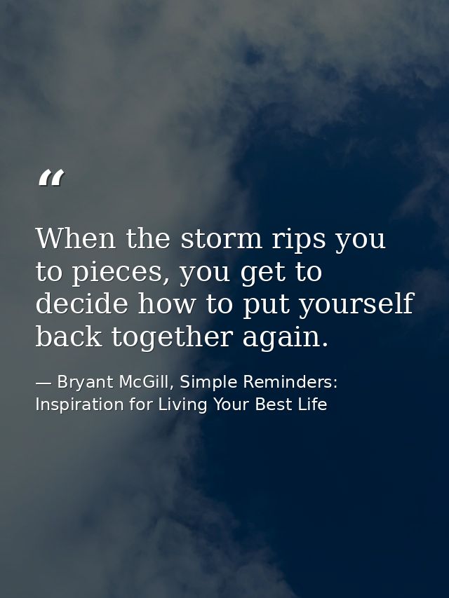 When the storm rips you to pieces, you get to decide how to put yourself back together again. — Bryant McGill, Simple Reminders: Inspiration for Living Your Best Life