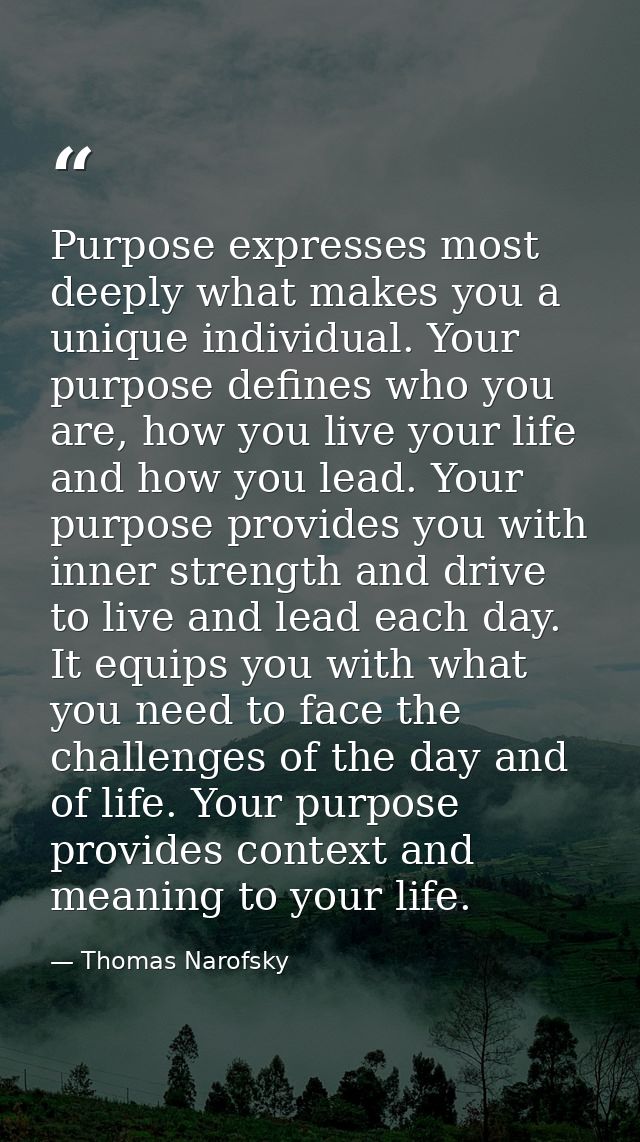 Purpose expresses most deeply what makes you a unique individual. Your purpose defines who you are, how you live your li — Thomas Narofsky