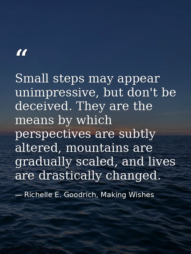 Small steps may appear unimpressive, but don't be deceived. They are the means by which perspectives are subtly altered, — Richelle E. Goodrich, Making Wishes