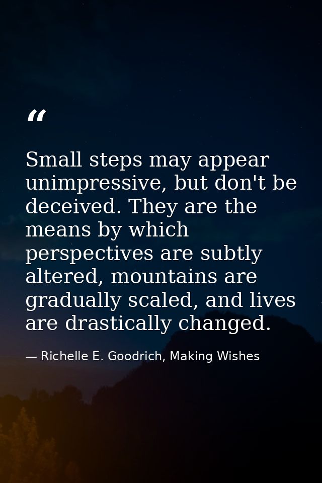 Small steps may appear unimpressive, but don't be deceived. They are the means by which perspectives are subtly altered, — Richelle E. Goodrich, Making Wishes
