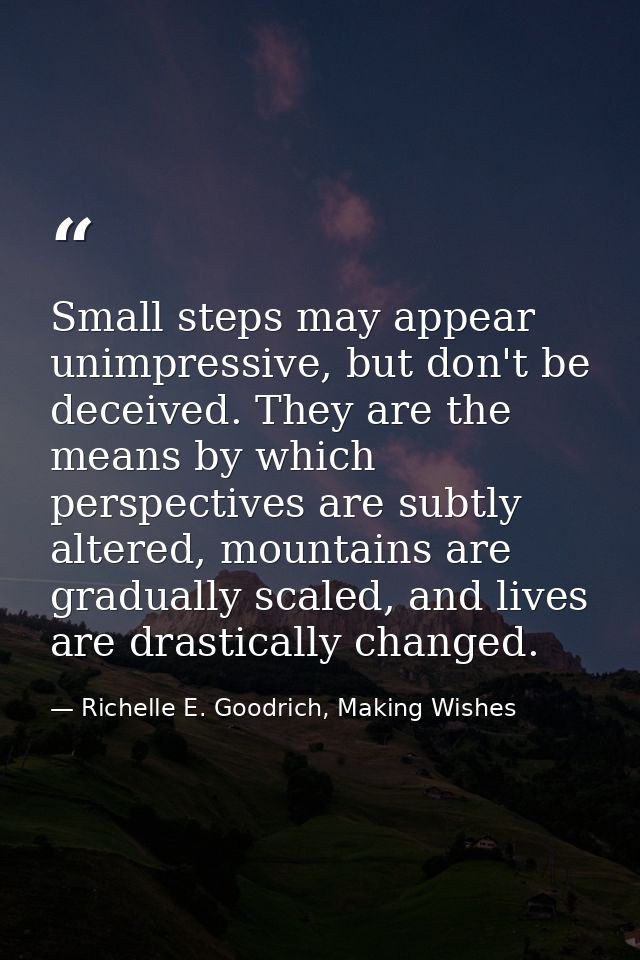 Small steps may appear unimpressive, but don't be deceived. They are the means by which perspectives are subtly altered, — Richelle E. Goodrich, Making Wishes