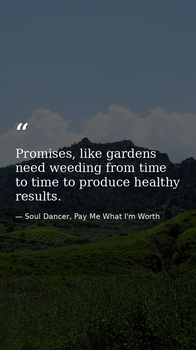 Promises, like gardens need weeding from time to time to produce healthy results. — Soul Dancer, Pay Me What I'm Worth
