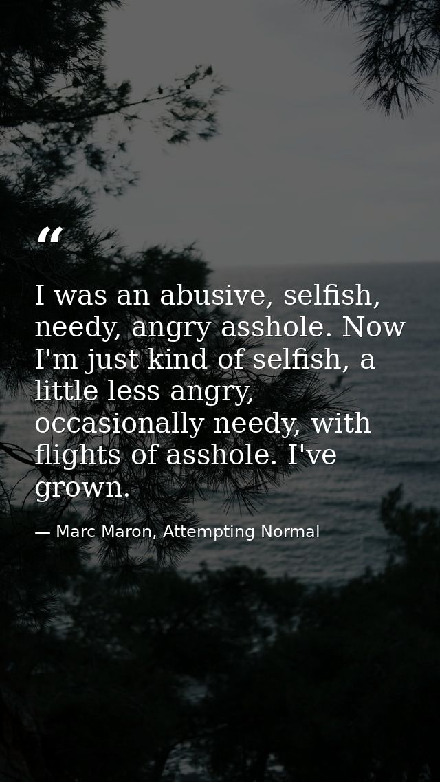 I was an abusive, selfish, needy, angry asshole. Now I'm just kind of selfish, a little less angry, occasionally needy,  — Marc Maron, Attempting Normal