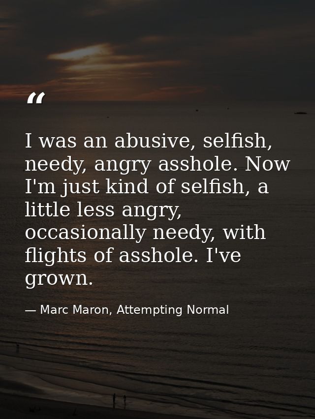 I was an abusive, selfish, needy, angry asshole. Now I'm just kind of selfish, a little less angry, occasionally needy,  — Marc Maron, Attempting Normal