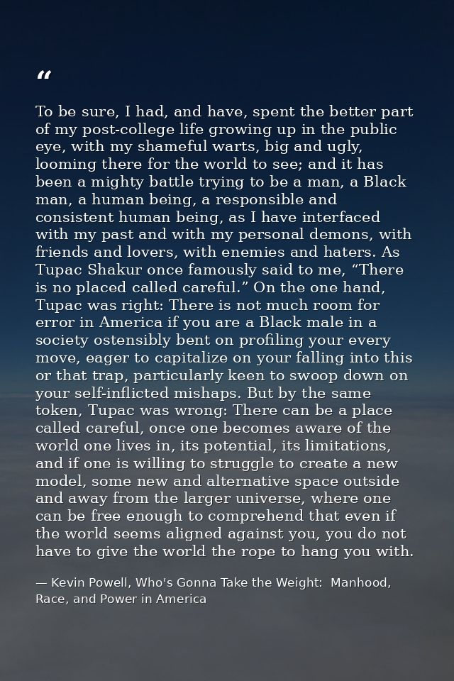 To be sure, I had, and have, spent the better part of my post-college life growing up in the public eye, with my shamefu — Kevin Powell, Who's Gonna Take the Weight:  Manhood, Race, and Power in America