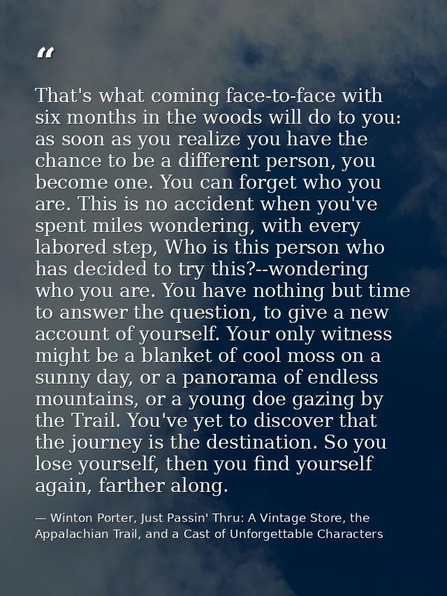 That's what coming face-to-face with six months in the woods will do to you: as soon as you realize you have the chance  — Winton Porter, Just Passin' Thru: A Vintage Store, the Appalachian Trail, and a Cast of Unforgettable Characters