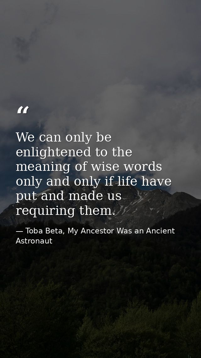 We can only be enlightened to the meaning of wise words only and only if life have put and made us requiring them. — Toba Beta, My Ancestor Was an Ancient Astronaut