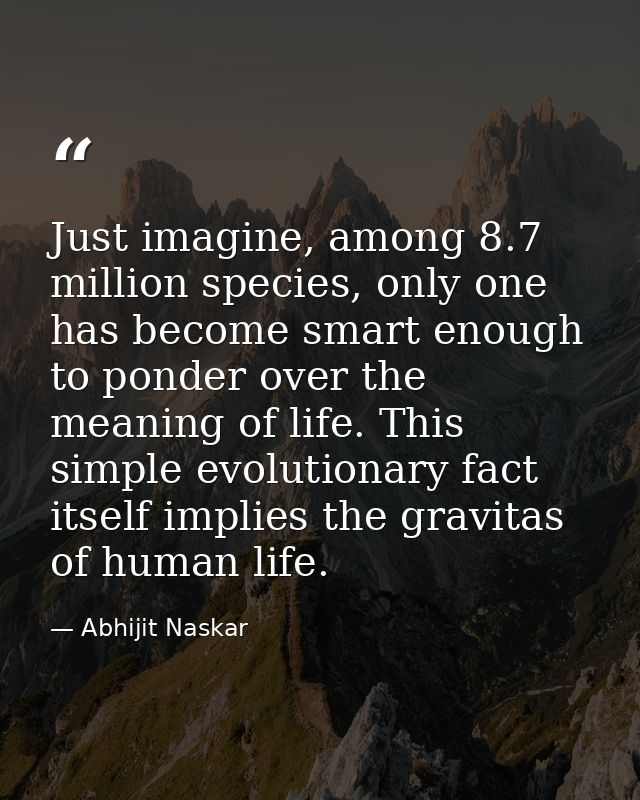 Just imagine, among 8.7 million species, only one has become smart enough to ponder over the meaning of life. This simpl — Abhijit Naskar