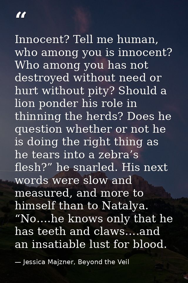 Innocent? Tell me human, who among you is innocent? Who among you has not destroyed without need or hurt without pity? S — Jessica Majzner, Beyond the Veil