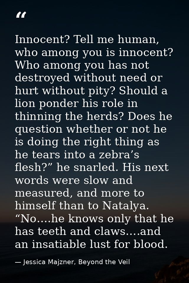 Innocent? Tell me human, who among you is innocent? Who among you has not destroyed without need or hurt without pity? S — Jessica Majzner, Beyond the Veil