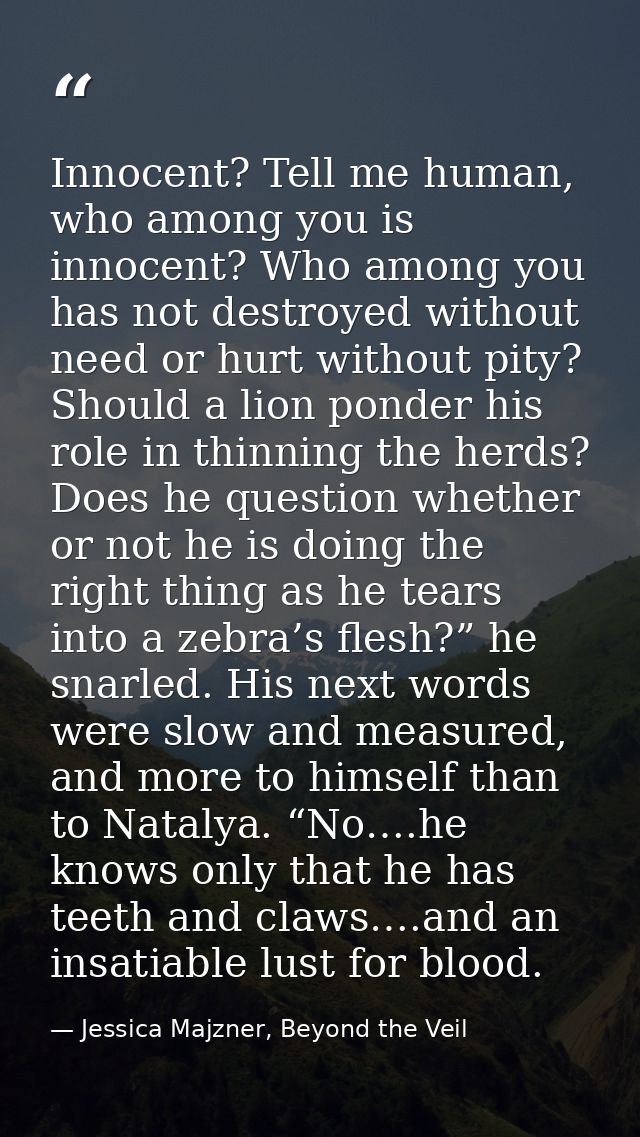 Innocent? Tell me human, who among you is innocent? Who among you has not destroyed without need or hurt without pity? S — Jessica Majzner, Beyond the Veil