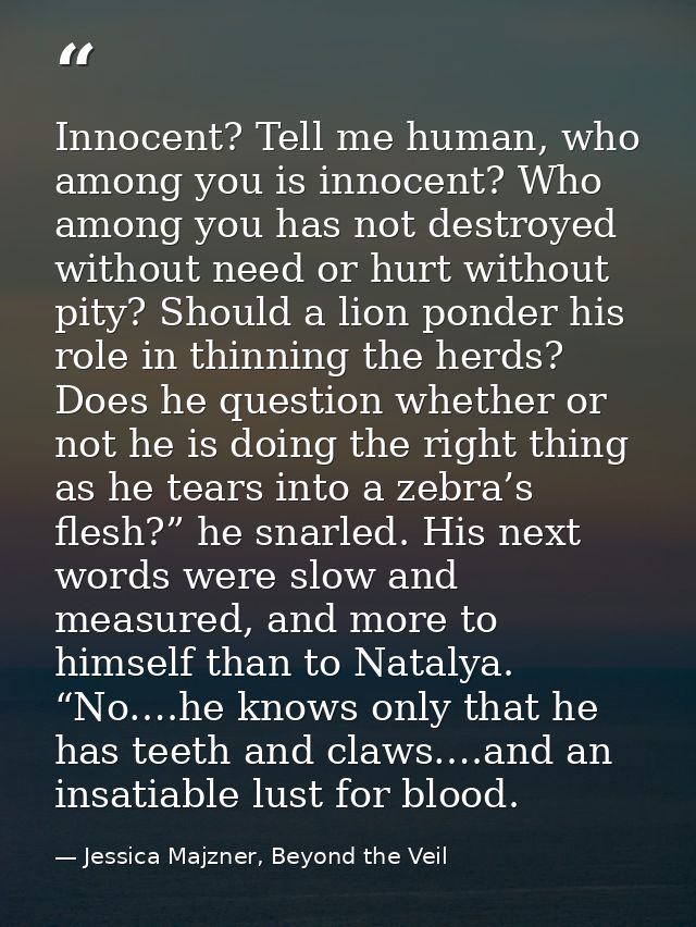 Innocent? Tell me human, who among you is innocent? Who among you has not destroyed without need or hurt without pity? S — Jessica Majzner, Beyond the Veil