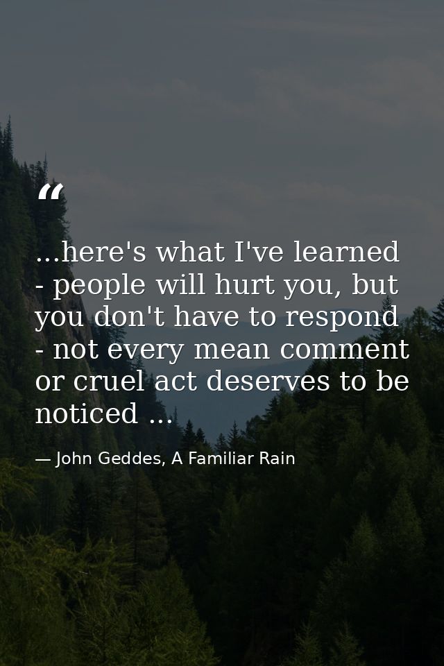 ...here's what I've learned - people will hurt you, but you don't have to respond - not every mean comment or cruel act  — John Geddes, A Familiar Rain