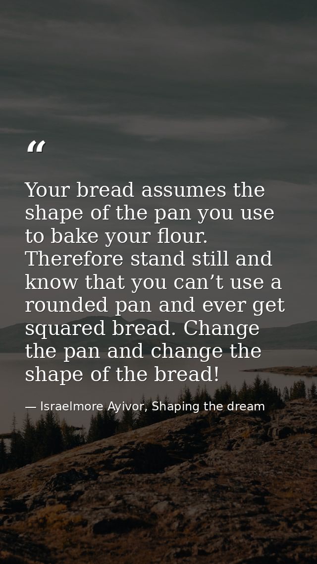 Your bread assumes the shape of the pan you use to bake your flour. Therefore stand still and know that you can’t use a  — Israelmore Ayivor, Shaping the dream