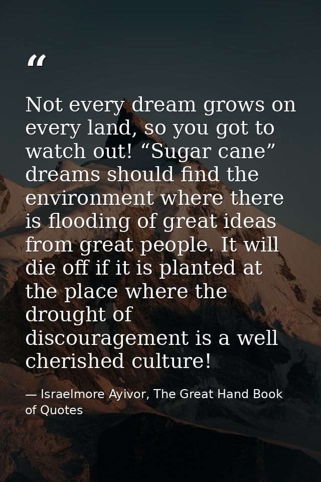 Not every dream grows on every land, so you got to watch out! “Sugar cane” dreams should find the environment where ther — Israelmore Ayivor, The Great Hand Book of Quotes