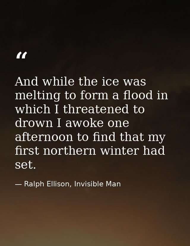 And while the ice was melting to form a flood in which I threatened to drown I awoke one afternoon to find that my first — Ralph Ellison, Invisible Man