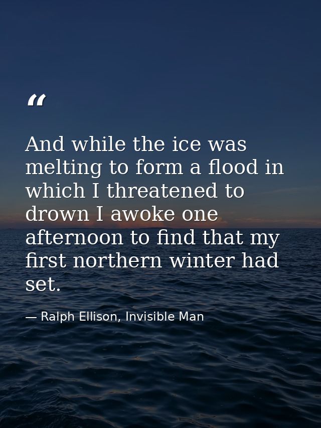 And while the ice was melting to form a flood in which I threatened to drown I awoke one afternoon to find that my first — Ralph Ellison, Invisible Man