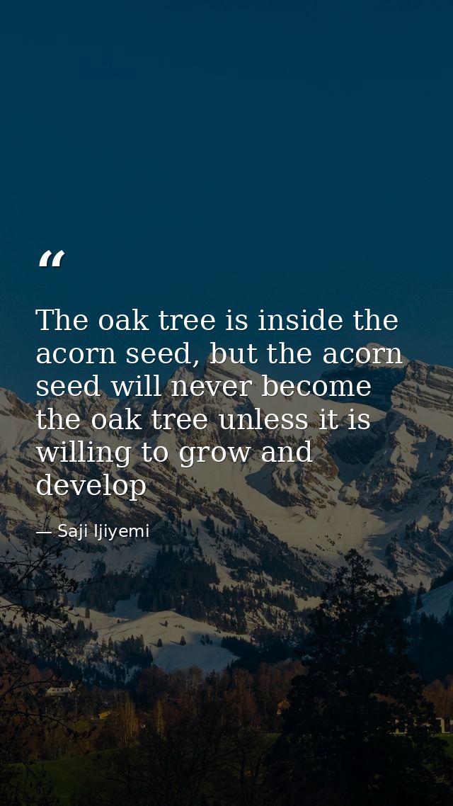 The oak tree is inside the acorn seed, but the acorn seed will never become the oak tree unless it is willing to grow an — Saji Ijiyemi