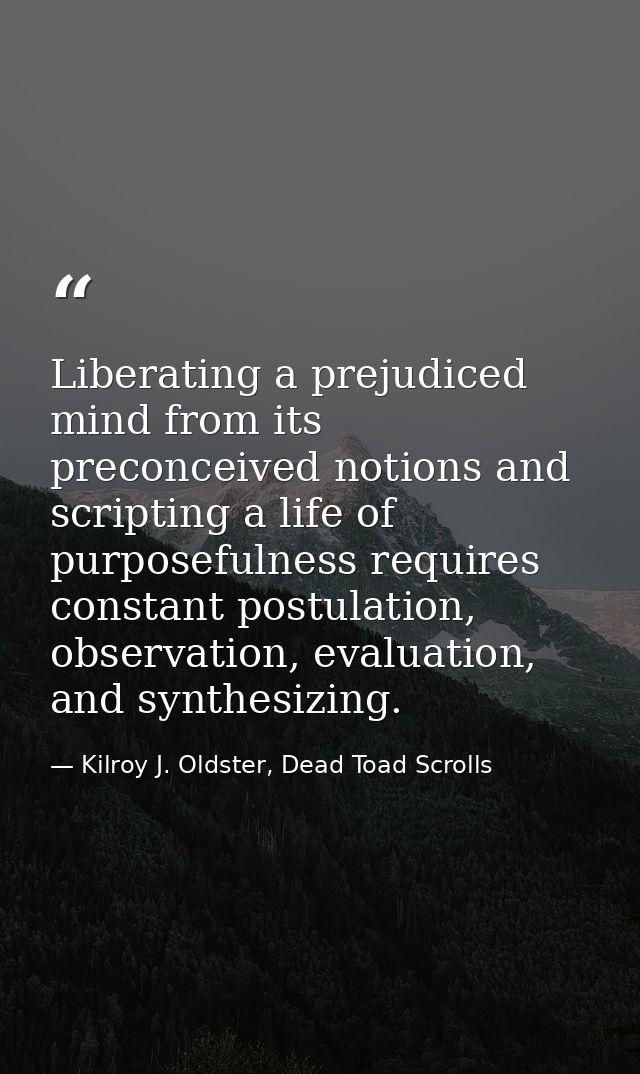 Liberating a prejudiced mind from its preconceived notions and scripting a life of purposefulness requires constant post — Kilroy J. Oldster, Dead Toad Scrolls