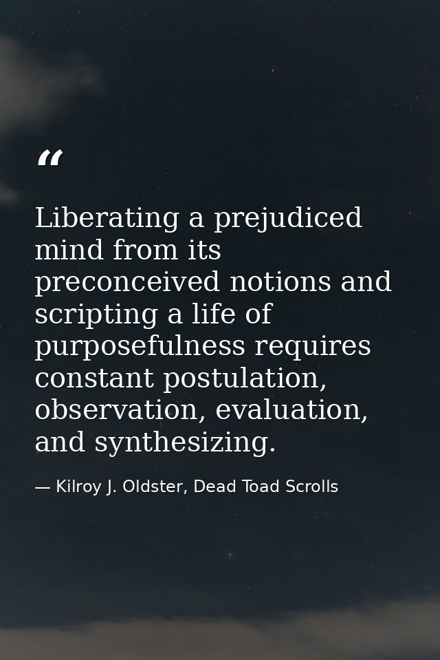 Liberating a prejudiced mind from its preconceived notions and scripting a life of purposefulness requires constant post — Kilroy J. Oldster, Dead Toad Scrolls