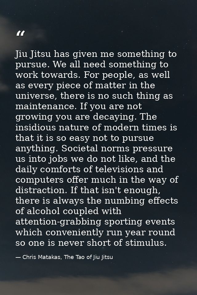 Jiu Jitsu has given me something to pursue. We all need something to work towards. For people, as well as every piece of — Chris Matakas, The Tao of Jiu Jitsu