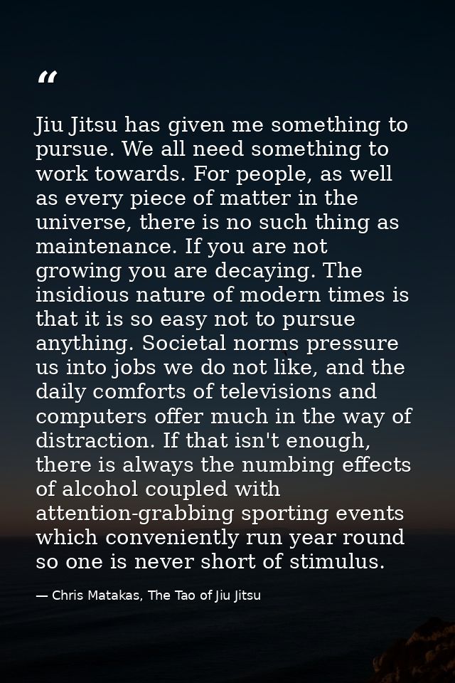Jiu Jitsu has given me something to pursue. We all need something to work towards. For people, as well as every piece of — Chris Matakas, The Tao of Jiu Jitsu