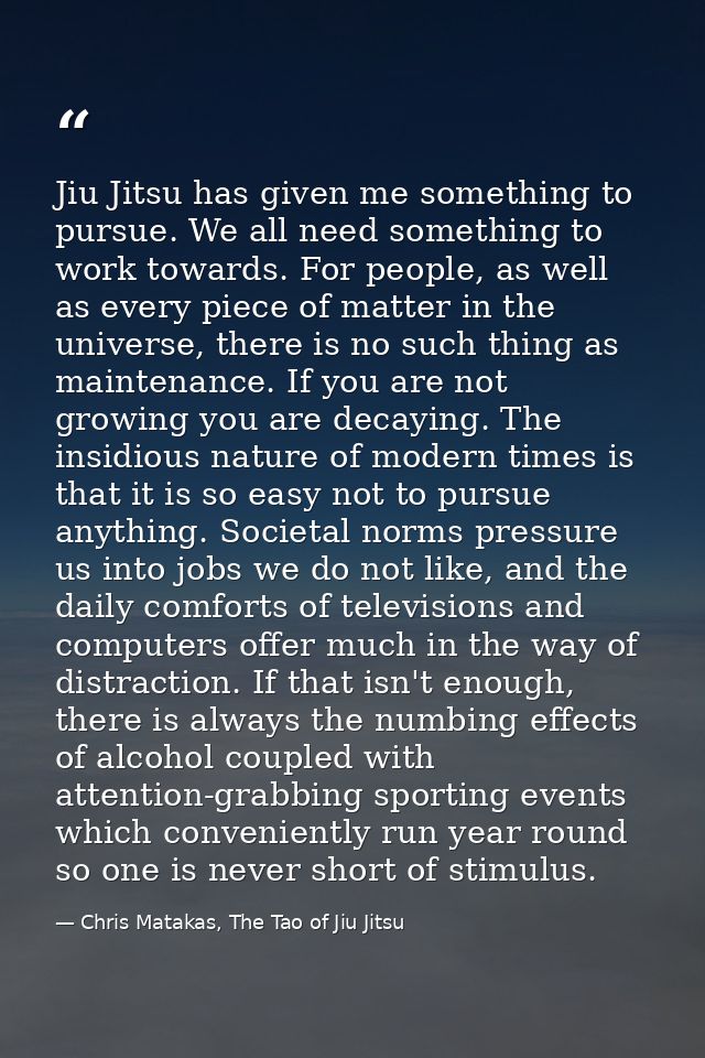 Jiu Jitsu has given me something to pursue. We all need something to work towards. For people, as well as every piece of — Chris Matakas, The Tao of Jiu Jitsu