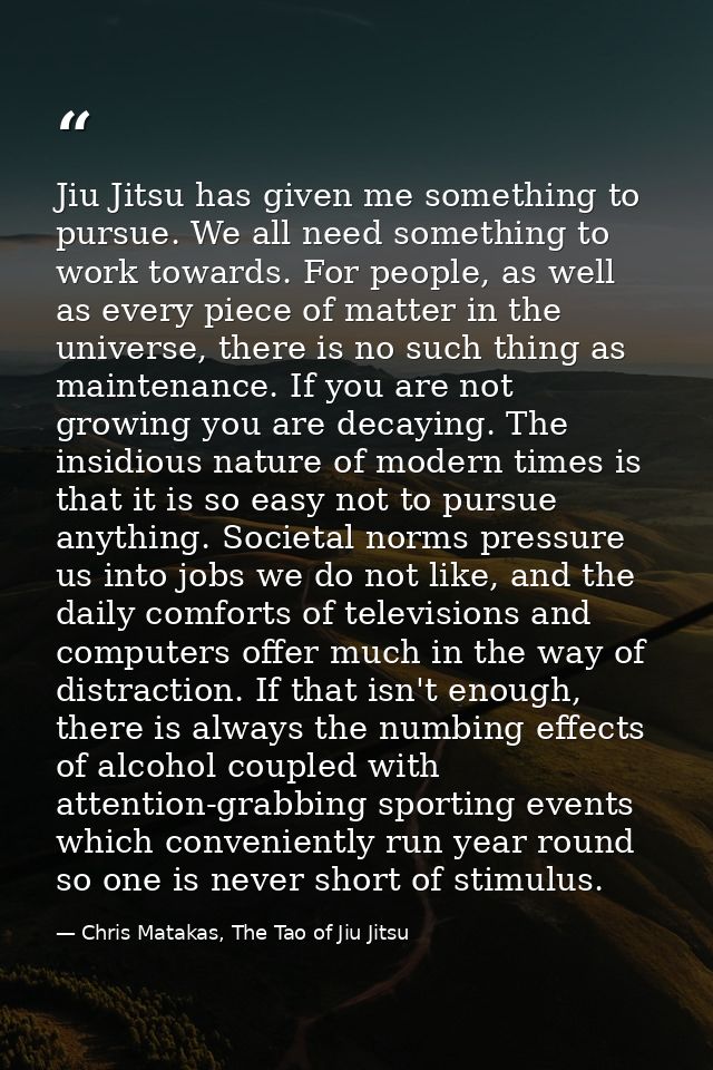 Jiu Jitsu has given me something to pursue. We all need something to work towards. For people, as well as every piece of — Chris Matakas, The Tao of Jiu Jitsu