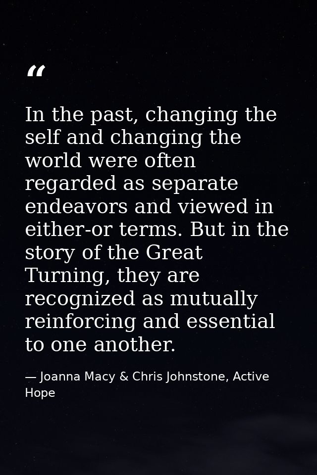 In the past, changing the self and changing the world were often regarded as separate endeavors and viewed in either-or  — Joanna Macy & Chris Johnstone, Active Hope