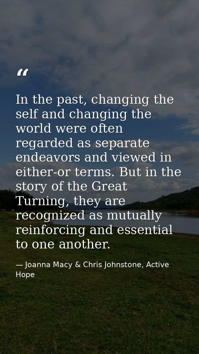 In the past, changing the self and changing the world were often regarded as separate endeavors and viewed in either-or  — Joanna Macy & Chris Johnstone, Active Hope