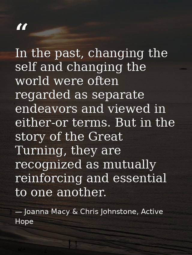 In the past, changing the self and changing the world were often regarded as separate endeavors and viewed in either-or  — Joanna Macy & Chris Johnstone, Active Hope