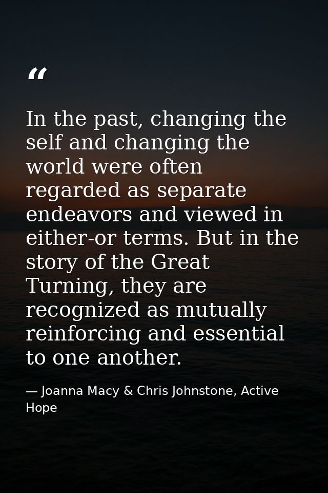 In the past, changing the self and changing the world were often regarded as separate endeavors and viewed in either-or  — Joanna Macy & Chris Johnstone, Active Hope