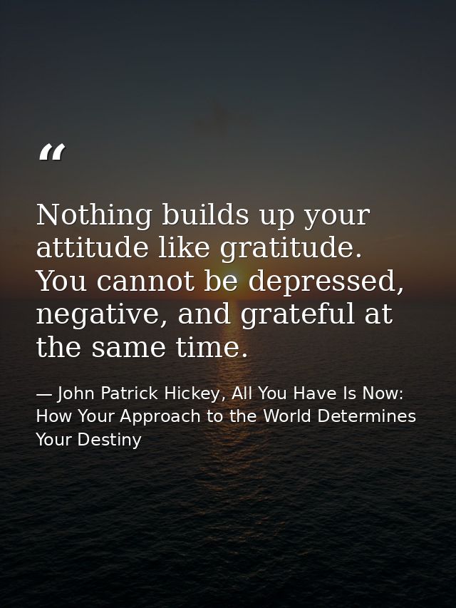 Nothing builds up your attitude like gratitude. You cannot be depressed, negative, and grateful at the same time. — John Patrick Hickey, All You Have Is Now: How Your Approach to the World Determines Your Destiny