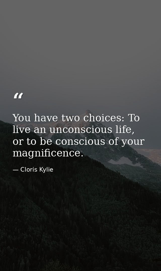 You have two choices: To live an unconscious life, or to be conscious of your magnificence. — Cloris Kylie