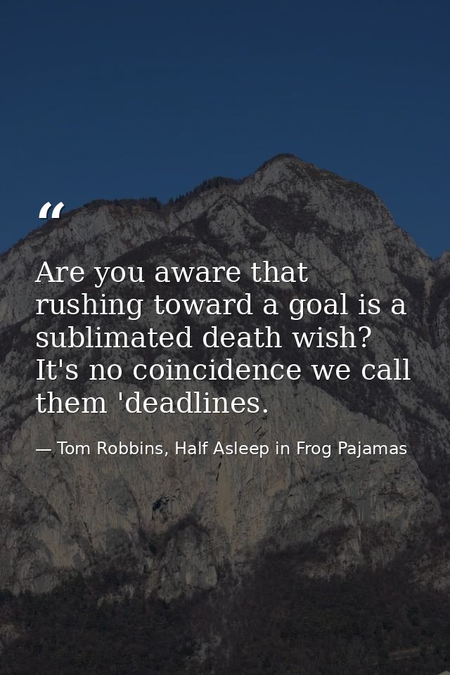 Are you aware that rushing toward a goal is a sublimated death wish? It's no coincidence we call them 'deadlines. — Tom Robbins, Half Asleep in Frog Pajamas